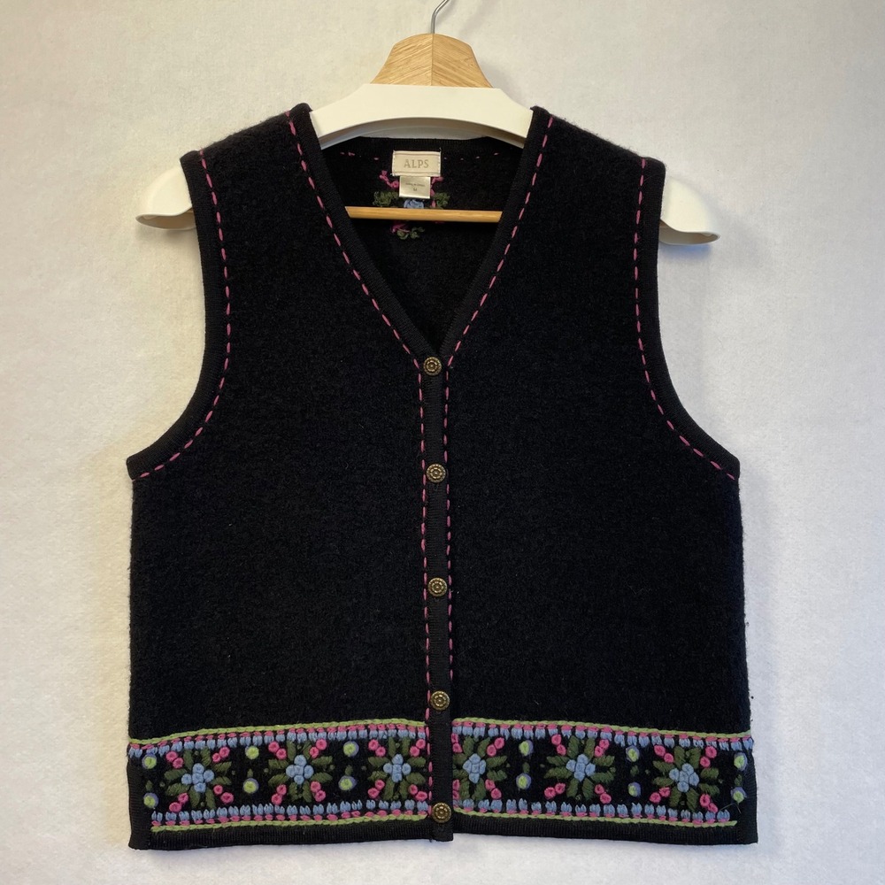 Alps Vintage Navy 100% Wool Floral Embroidered‎ Button Front Sweater Vest Size M